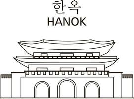 Hanok lineair vector logo illustratie ontwerp, traditioneel Koreaans architectuur logo concept. de gebouw is gemaakt met contour grafiek met een groot opschrift in Engels en Koreaans.