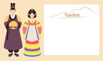 mannen en Dames in mooi Koreaans traditioneel kleren, hanbok. traditioneel Koreaans outfits van koningen. Koreaans volk kleding. vector illustratie in een vlak ontwerp. banier met ruimte voor tekst