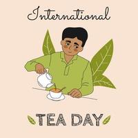 Internationale thee dag tekening concept. schattig Mens ontspannende met kop van thee. vent giet thee van theepot. thee bladeren decor. mooi hoor atmosfeer, knus kleuren. vector illustratie.