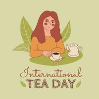 Internationale thee dag tekening concept. schattig meisje drinken thee. vrouw met kop van thee en theepot. thee bladeren decor. mooi hoor atmosfeer, knus kleuren. vector illustratie.