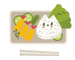 bento doos met rijst- kat, garnaal tempura en komkommer. vector