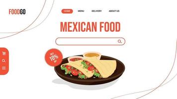 banier sjabloon voor Latijns Amerikaans voedsel levering website. traditioneel Mexicaans quesadilla's twee stukken met sauzen Aan een bord. vlak vector illustratie