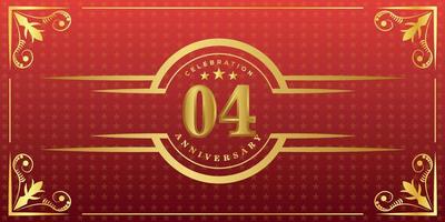 04e verjaardag logo met gouden ring, confetti en goud grens geïsoleerd Aan elegant rood achtergrond, fonkeling, vector ontwerp voor groet kaart en uitnodiging kaart