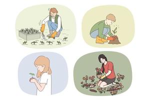 reeks van verschillend mensen genieten tuinieren fabriek zaad en zaailingen in grond. verzameling van mannen en Dames verloofd in hobby werkzaamheid werk met groen en planten. vector illustratie.