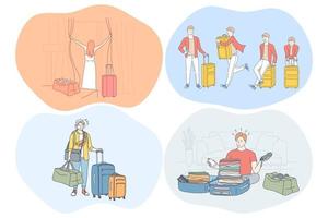 op reis met bagage, vakanties en reis met koffers concept. jong mensen reizigers toeristen vliegen, reizend, aankomen in plaatsen met bagage, Tassen en rugzakken. reis en weg vector