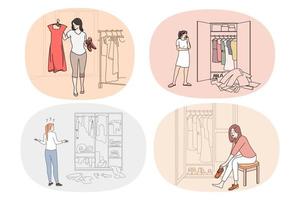 reeks van gefrustreerd jong vrouw kijken Bij garderobe denken van kleding. verzameling van ongelukkig meisje verward met kleding keuze in kast nodig hebben stilist het advies. boodschappen doen en koper. vector illustratie.