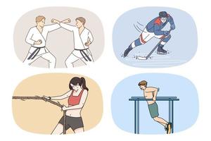 reeks van sterk verschillend atleten trein oefening bereiden voor wedstrijd. verzameling van krachtig mannen en Dames sporters training. sport en opleiding. gezond levensstijl. vector illustratie.