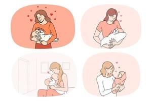verzameling van gelukkig zorgzaam jong moeder met weinig baby zuigeling in handen. reeks van glimlachen liefhebbend mam met pasgeboren opgewonden met moederschap. ouderschap en moederschap. vector illustratie.