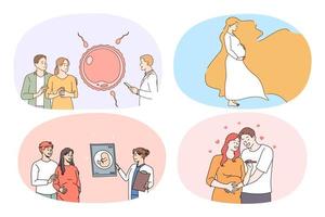 reeks van gelukkig vrouw zwanger met baby. verzameling van familie groeit planning zwangerschap. ivf behandeling en vruchtbaarheid. glimlachen echtgenoten aan het wachten voor bevalling. vector illustratie.