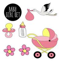 reeks voor baby meisje. pasgeboren items - fles van baby melk, fopspenen en roze wandelwagen. vector