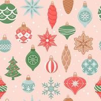 vrolijk kerstmis, naadloos patroon met schattig wijnoogst hangende decoraties. vector illustratie in vlak tekenfilm stijl