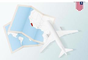 reizen naar Liberia, top visie vliegtuig met kaart en vlag van Liberia. vector