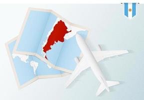 reizen naar Argentinië, top visie vliegtuig met kaart en vlag van Argentinië. vector