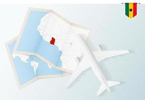 reizen naar Ghana, top visie vliegtuig met kaart en vlag van Ghana. vector
