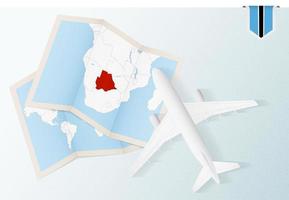 reizen naar Botswana, top visie vliegtuig met kaart en vlag van Botswana. vector