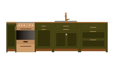 keuken, vlak stijl. groen keuken met fornuis, planken, gereedschap en decor. vector