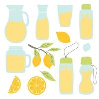 limonade set. verzameling van kannen, bril en flessen van limonade. limonade met citroen, munt en ijs. vector illustratie. vlak hand- getrokken stijl.