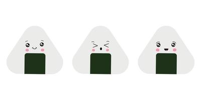 vector illustratie van onigiri in de stijl van kawaii. Japans snel voedsel gemaakt van rijst- met een vulling gevormd in de het formulier van een driehoek van noch ik zeewier.