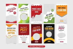 heerlijk voedsel menu sociaal media verhaal sjabloon verzameling met rood en groen kleuren. speciaal voedsel promotionele web banier reeks ontwerp met abstract vormen. restaurant advertentie sjabloon bundel. vector