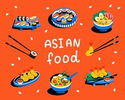 een reeks van Aziatisch borden. Aziatisch voedsel Aan borden met Chinese eetstokjes. sushi, miso soep, broodjes vector