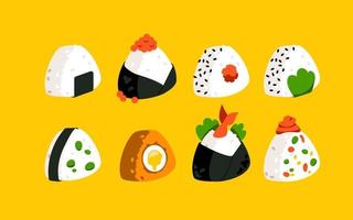 een reeks van onigiri. Aziatisch rijst- voedsel. Japans snel voedsel. onigiri met divers vullingen vector