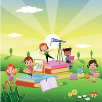 natuur buitenshuis met schattig kinderen boeken en brief kubussen vector