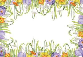 waterverf hand- getrokken plein kader met voorjaar bloemen, krokus, sneeuwklokjes, narcissen, bladeren. geïsoleerd Aan wit achtergrond. ontwerp voor uitnodigingen, bruiloft, groet kaarten, behang, afdrukken, textiel. vector