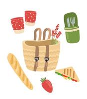 picknick set. picknick en camping voedsel illustratie. rieten mand, bril, stokbrood, belegd broodje vector