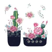 vetplanten en bloemen in potten hand getekende aquarel vector