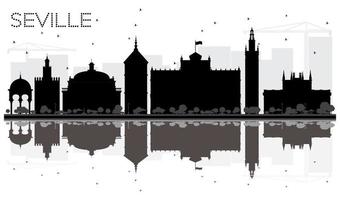 Sevilla stad horizon zwart en wit silhouet met reflecties. vector