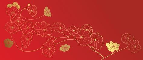 gelukkig Chinese nieuw jaar luxe stijl patroon achtergrond vector. oosters sappig bloem goud lijn kunst Aan rood achtergrond. ontwerp illustratie voor behang, kaart, poster, verpakking, reclame. vector