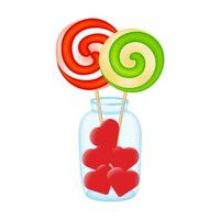 zoet helder spiraal ronde lolly en rood harten in een glas kan. kleurrijk zoet snoep in een pot geïsoleerd Aan wit. vector illustratie.