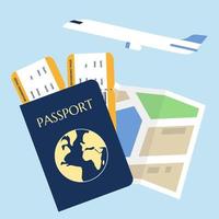 paspoort met kaartjes, kaart en vliegtuig concept voor reizen vector illustratie in vlak stijl