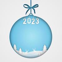 vrolijk Kerstmis en gelukkig nieuw jaar papercut concept. Kerstmis bal en gelukkig nieuw jaar 2023 en Spar bomen, sterren, herten papier besnoeiing concept Aan blauw achtergrond. vector illustrator