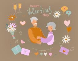 valentijnsdag dag, ouderen mannen en Dames ze feliciteren elk ander, liefhebbend ouderen stel, oud tekens daten, concept banier, poster modern vlak tekening vector illustratie