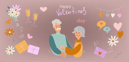 valentijnsdag dag, ouderen mannen en Dames ze feliciteren elk ander, liefhebbend ouderen stel, oud tekens daten, concept banier, poster modern vlak tekening vector illustratie