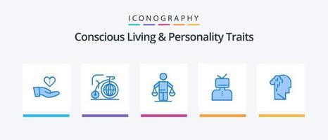 bewust leven en persoonlijkheid eigenschappen blauw 5 icoon pak inclusief gelukkig. affirmaties. inspiratie. bevestiging. oordeel. creatief pictogrammen ontwerp vector