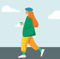 wandelen vrouw met kop van koffie. modieus modern modieus illustratie in vlak stijl. voorraad vector illustratie, eps 10.