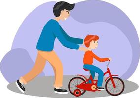 vader geeft les zoon naar rijden een fiets. kind leert naar rijden fiets. ouderschap concept. vader helpen zijn jongen kind aan het leren naar rijden een fiets Bij platteland samen. voorraad vector illustratie, eps 10.