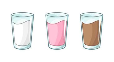 glas van melk clip art vector illustratie set. vanille melk, chocola melk en aardbei melk in hoog glas beker.