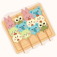 dier dango snoepgoed Aan houten bord. Aziatisch voedsel vector illustratie met dier vormig snoepgoed. kikker, beer, kip, koala, konijn.
