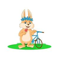 konijn staand met ijs room en fiets vector