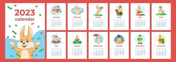 maandelijks kalender 2023 sjabloon met konijn. vector