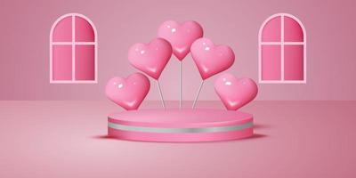 gelukkig valentijnsdag dag banier met podium platform naar tonen Product voor festival liefde Aan roze hart ballon achtergrond. vector illustratie