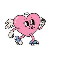 groovy hippie liefde sticker karakter. grappig gelukkig hart karakter met Vleugels in modieus retro Jaren 60 jaren 70 tekenfilm stijl. gelukkig valentijnsdag dag concept. wijnoogst geïsoleerd vector illustratie.