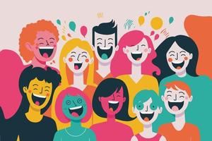 gelukkig lach groep mensen, portret van glimlachen tiener- jongens en meisjes Aan partij vector