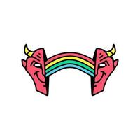 twee voor de helft van demon gezicht met regenboog binnen. illustratie voor straat dragen, t shirt, poster, logo, sticker, of kleding handelswaar. retro en knal kunst stijl. vector