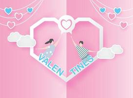 Valentijn lief blij Aan roze papier achtergrond concept. met tekst liefde 14 februari, jongen en meisje vlieg met hart ballon, lucht, vector. ontwerp voor Valentijn kaart, geschenk, poster, papier snee, grens, idee vector