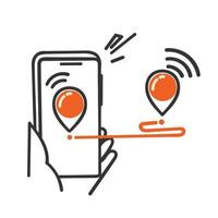 hand- getrokken tekening mobiel telefoon met GPS plaats pin illustratie vector