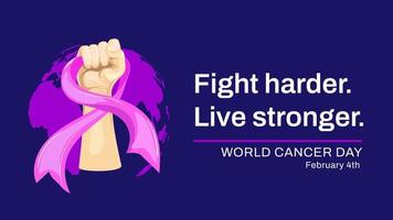 wereld kanker dag illustratie banier met motiverende citaat. hand- Holding roze lint Aan donker achtergrond vector